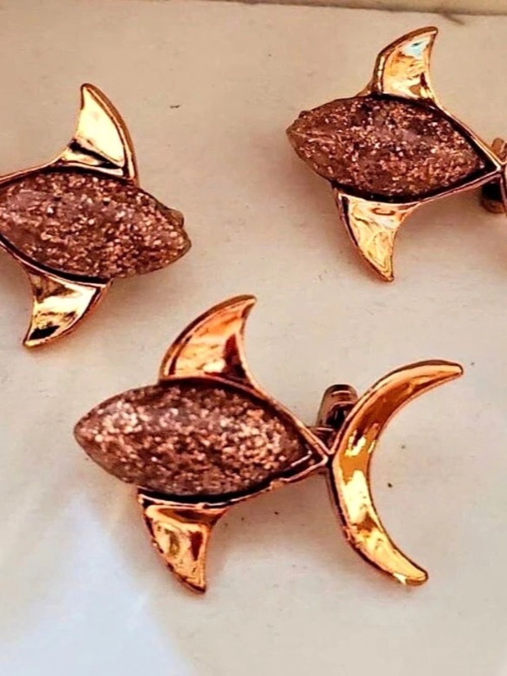 Vintage Set of 3 Fish Brooches Brown & Gold